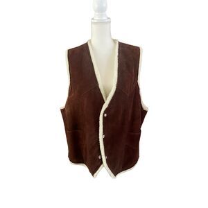 VTG Brown Suede Genuine Leather Sherpa Lined Vest Mens Snap Front Western Cowboy